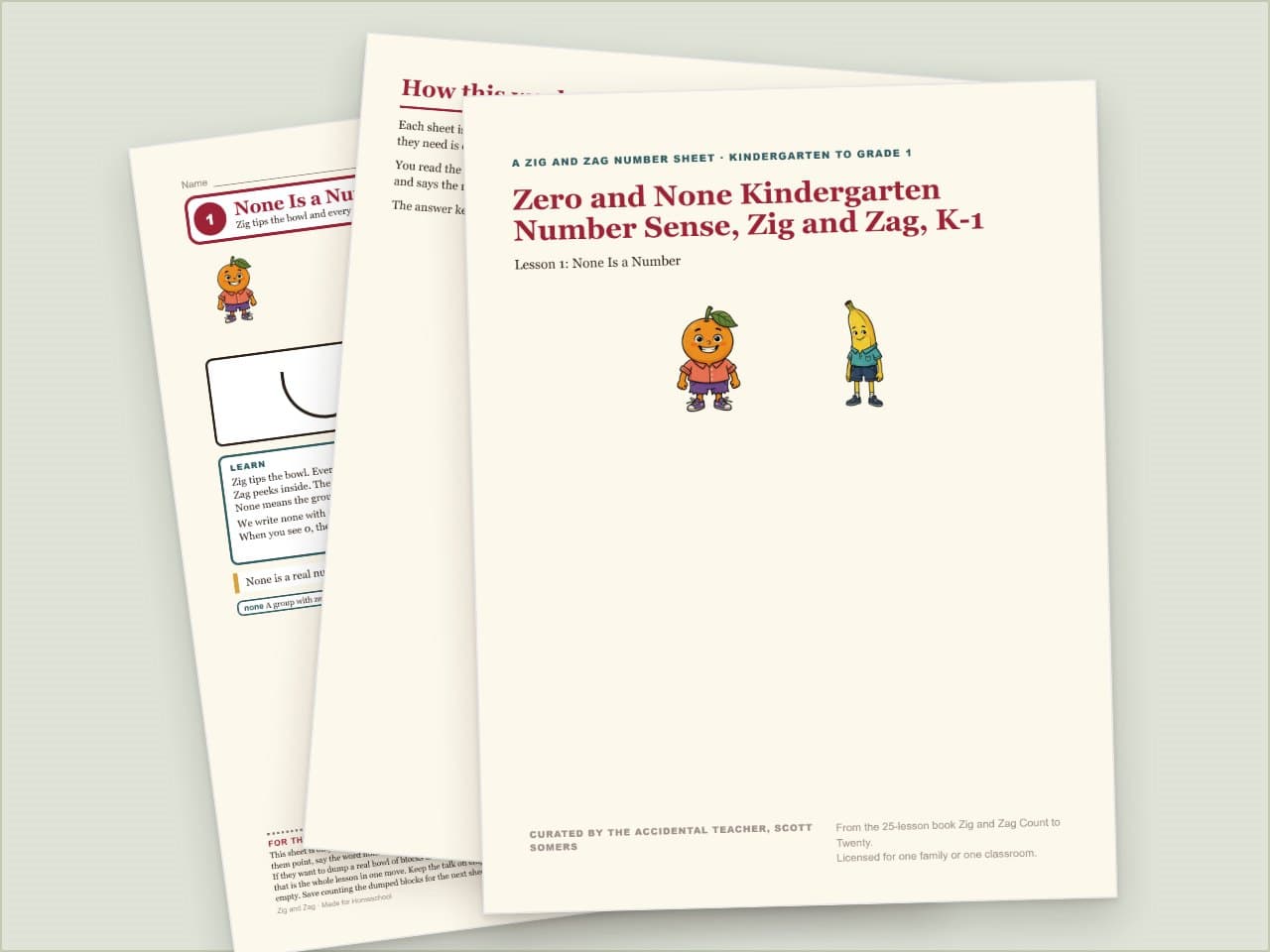 Three pages of Zero and None Kindergarten Number Sense, Zig and Zag, K-1, laid out as they print